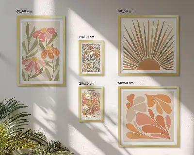 Conjunto de 5 quadros com moldura com estampa de flores geométricas em estilo boho