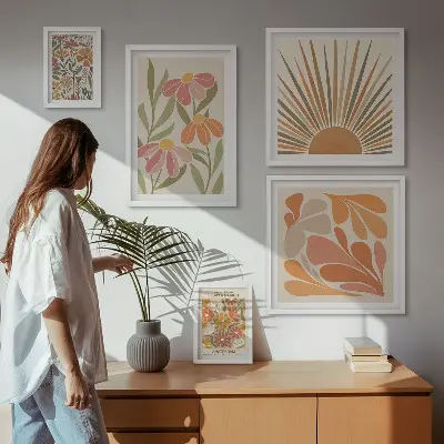 Conjunto de 5 quadros com moldura com estampa de flores geométricas em estilo boho