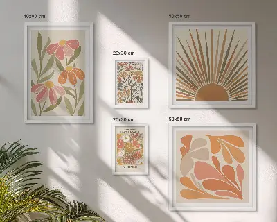 Conjunto de 5 quadros com moldura com estampa de flores geométricas em estilo boho