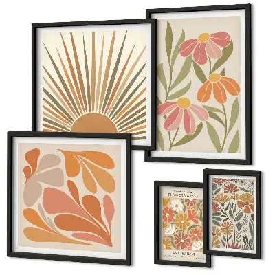 Conjunto de 5 quadros com moldura com estampa de flores geométricas em estilo boho