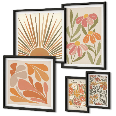 Conjunto de 5 quadros com moldura Flores geométricas em estilo boho