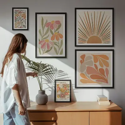 Conjunto de 5 quadros com moldura com estampa de flores geométricas em estilo boho
