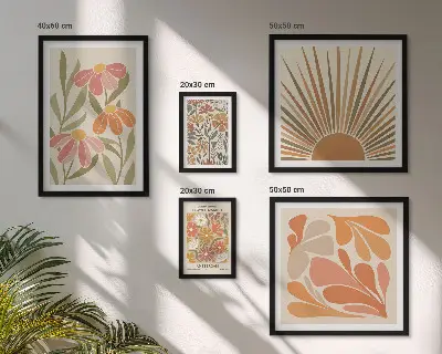Conjunto de 5 quadros com moldura com estampa de flores geométricas em estilo boho