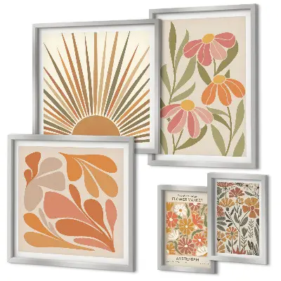 Conjunto de 5 quadros com moldura com estampa de flores geométricas em estilo boho