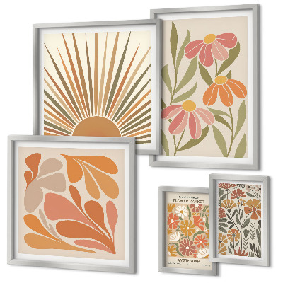 Conjunto de 5 quadros com moldura Flores geométricas em estilo boho
