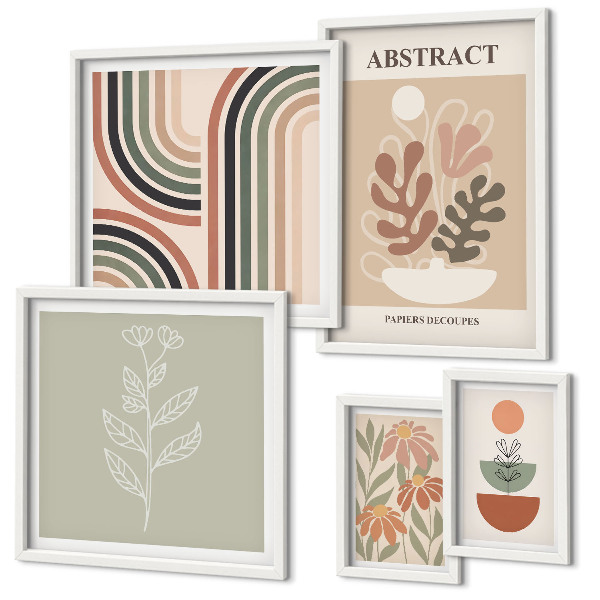 Conjunto de 5 quadros com moldura abstrações de plantas elegantes