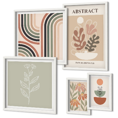 Conjunto de 5 quadros com moldura abstrações de plantas elegantes
