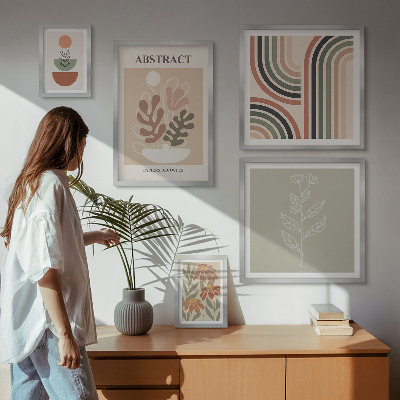 Conjunto de 5 quadros com moldura abstrações de plantas elegantes