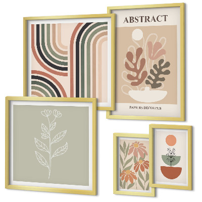Conjunto de 5 quadros com moldura abstrações de plantas elegantes