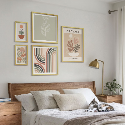 Conjunto de 5 quadros com moldura abstrações de plantas elegantes