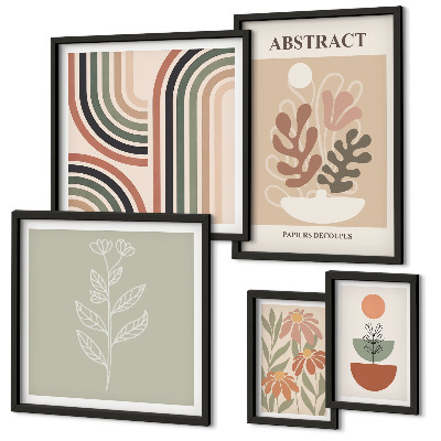 Conjunto de 5 quadros com moldura abstrações de plantas elegantes