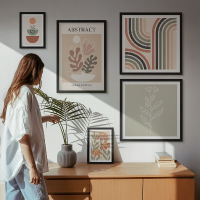 Conjunto de 5 quadros com moldura abstrações de plantas elegantes