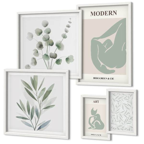 Conjunto de 5 quadros com moldura Gráficos abstratos e de plantas estilosas