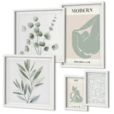 Conjunto de 5 quadros com moldura com estampas de gráficos abstratos e plantas