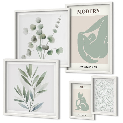 Conjunto de 5 quadros com moldura Gráficos abstratos e de plantas estilosas