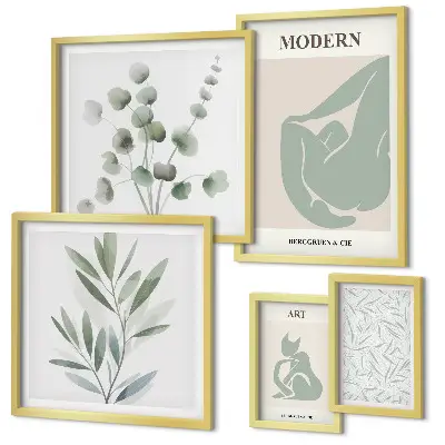 Conjunto de 5 quadros com moldura com estampas de gráficos abstratos e plantas