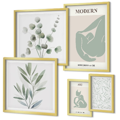 Conjunto de 5 quadros com moldura Gráficos abstratos e de plantas estilosas