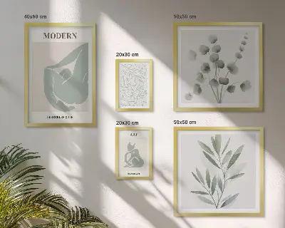 Conjunto de 5 quadros com moldura com estampas de gráficos abstratos e plantas