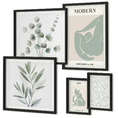 Conjunto de 5 quadros com moldura com estampas de gráficos abstratos e plantas