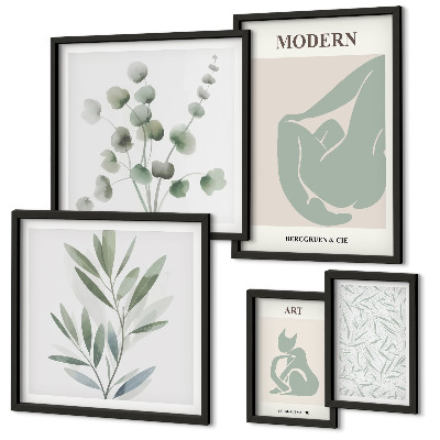 Conjunto de 5 quadros com moldura Gráficos abstratos e de plantas estilosas