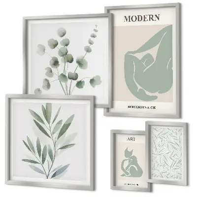 Conjunto de 5 quadros com moldura com estampas de gráficos abstratos e plantas
