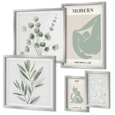 Conjunto de 5 quadros com moldura Gráficos abstratos e de plantas estilosas