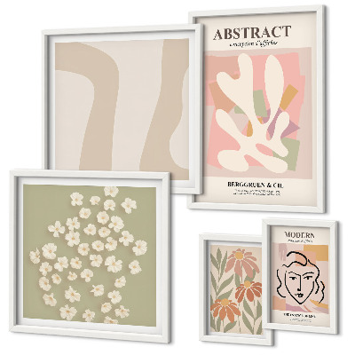 Conjunto de 5 quadros com moldura Interior elegante com flores abstratas