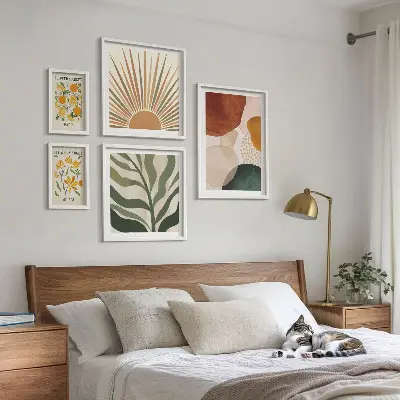 Conjunto de 5 quadros com moldura estampas de plantas elegantes com geometria