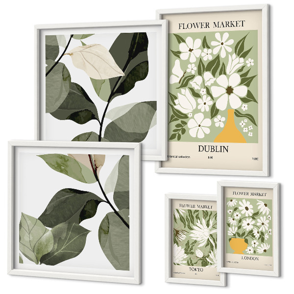 Conjunto de 5 quadros decorativos Motivos florais Londres Dublin Tóquio
