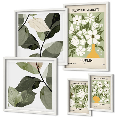 Conjunto de 5 quadros decorativos Motivos florais Londres Dublin Tóquio
