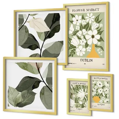 Conjunto de 5 quadros decorativos com motivos florais de Londres, Dublin e Tóquio