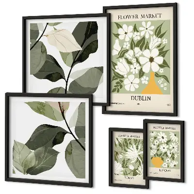 Conjunto de 5 quadros decorativos com motivos florais de Londres, Dublin e Tóquio
