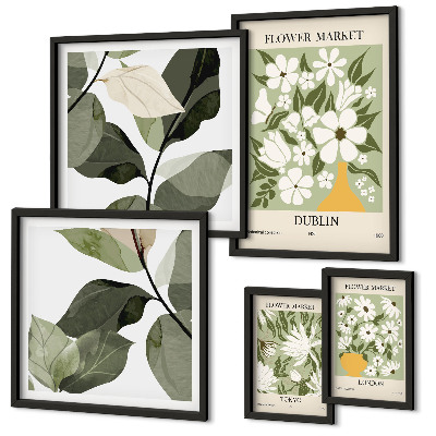 Conjunto de 5 quadros decorativos Motivos florais Londres Dublin Tóquio