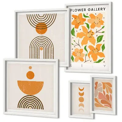 Conjunto de 5 quadros decorativos com estampas de flores elegantes e geometria