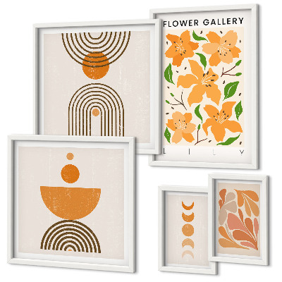 Conjunto de 5 quadros decorativos Flores elegantes e geometria