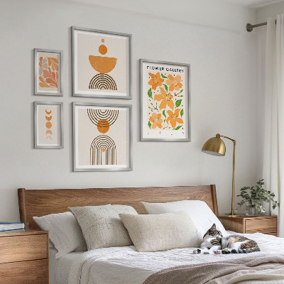 Conjunto de 5 quadros decorativos Flores elegantes e geometria