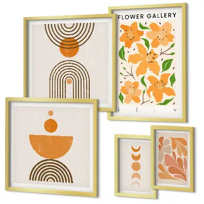 Conjunto de 5 quadros decorativos com estampas de flores elegantes e geometria