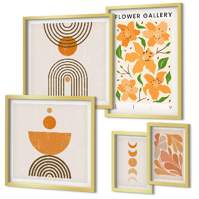 Conjunto de 5 quadros decorativos Flores elegantes e geometria