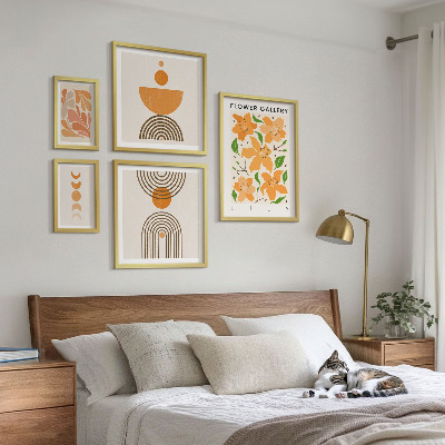 Conjunto de 5 quadros decorativos Flores elegantes e geometria