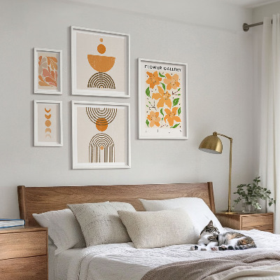 Conjunto de 5 quadros decorativos Flores elegantes e geometria