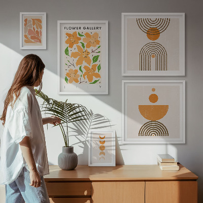 Conjunto de 5 quadros decorativos Flores elegantes e geometria