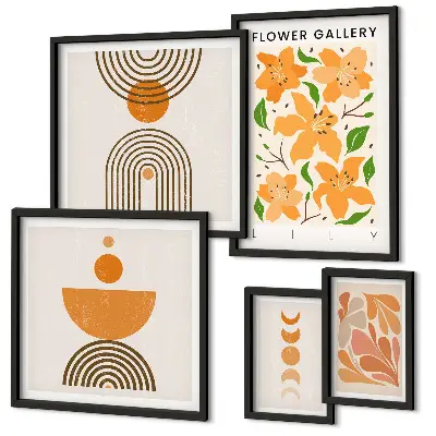 Conjunto de 5 quadros decorativos com estampas de flores elegantes e geometria