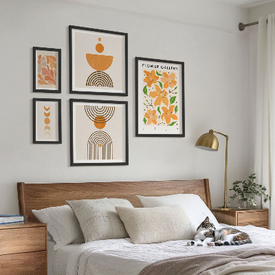 Conjunto de 5 quadros decorativos Flores elegantes e geometria