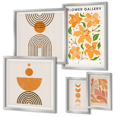 Conjunto de 5 quadros decorativos Flores elegantes e geometria