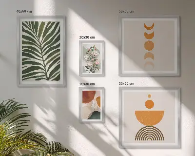 Galeria de quadros para parede com padrões de plantas e formas estilo boho