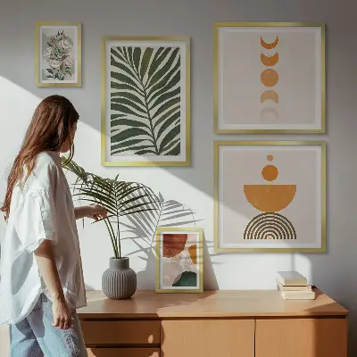 Galeria de quadros para parede com padrões de plantas e formas estilo boho