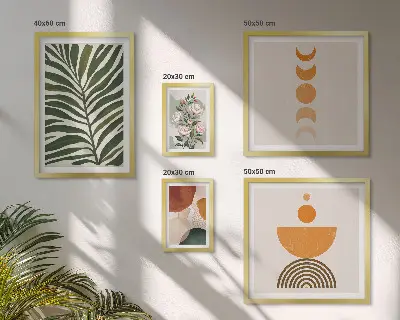 Galeria de quadros para parede com padrões de plantas e formas estilo boho