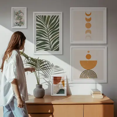 Galeria de quadros para parede com padrões de plantas e formas estilo boho