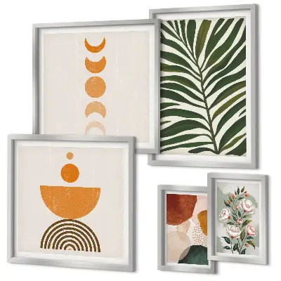 Galeria de quadros para parede com padrões de plantas e formas estilo boho