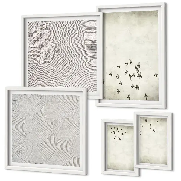 Conjunto de 5 quadros decorativos com pintura minimalista de pássaro